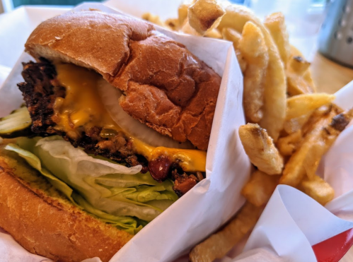 A close-up of a cheeseburger with lettuce and onion, served with a side of golden French fries.