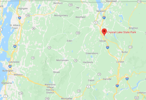Map showing the location of Crystal Lake State Park in Vermont, near Glover and surrounding towns.