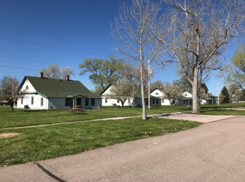 A row of white houses with green roofs on a sunny day, surrounded by grass and trees.