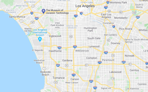 Map of Los Angeles, highlighting major roads, neighborhoods, and nearby attractions like the Museum of Jurassic Technology.