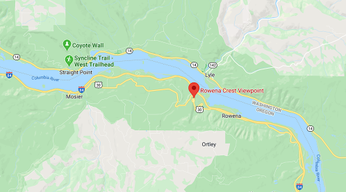 Map showing Rowena Crest Viewpoint near the Columbia River, with nearby locations like Lyle and Mosier in Oregon.