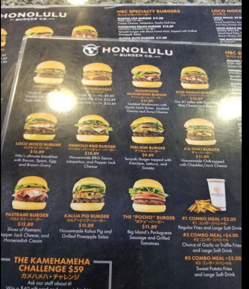 Menu from Honolulu Burger Co. featuring various specialty burgers with descriptions and prices.