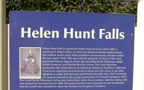 Sign about Helen Hunt Falls, detailing her contributions as a writer and advocate for American Indian rights.