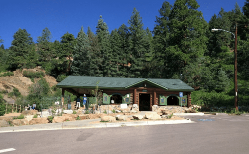 A rustic building surrounded by trees, with a stone facade and a green roof, set against a clear blue sky.