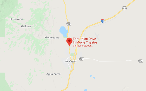 Map showing the location of Fort Union Drive-In Movie Theatre near Las Vegas, New Mexico, with nearby roads and landmarks.