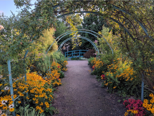A serene garden path lined with vibrant flowers, leading to a blue bridge under a leafy archway.