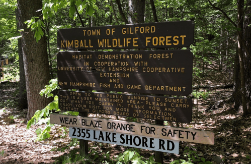 Sign for Kimball Wildlife Forest in Gilford, NH, detailing safety guidelines and cooperation with local organizations.