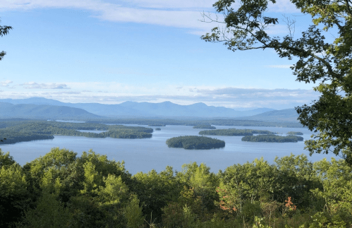 A scenic view of a lake surrounded by lush greenery and distant mountains under a clear blue sky.