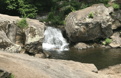 A small waterfall cascades over rocks into a serene pool, surrounded by lush greenery.