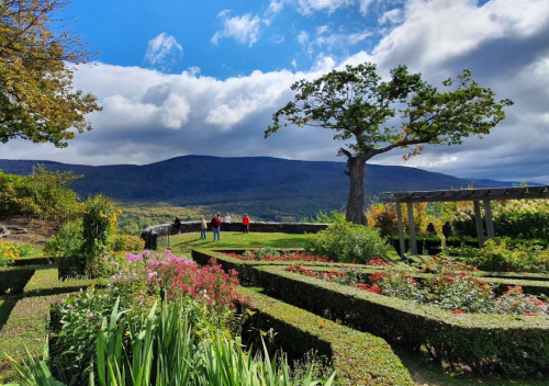 A scenic garden with neatly trimmed hedges, colorful flowers, and people walking against a backdrop of mountains and clouds.