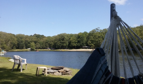 A peaceful lakeside scene with a hammock, chair, and trees under a clear blue sky.
