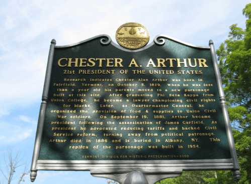 Historical marker for Chester A. Arthur, 21st U.S. President, detailing his early life and political contributions.