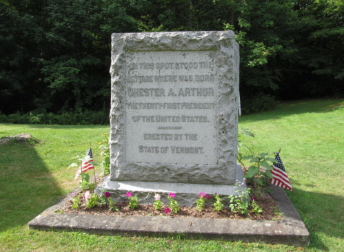 A stone monument marking the birthplace of Chester A. Arthur, 21st President of the United States, in Vermont.