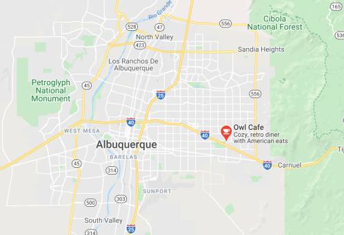 Map of Albuquerque, New Mexico, highlighting Owl Cafe and nearby landmarks and highways.
