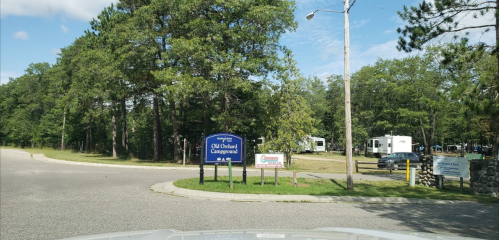 Sign for Old Orchard Campground at a road intersection, surrounded by trees and a glimpse of camping facilities.