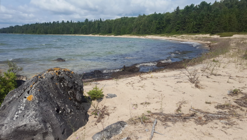 A rocky beach with sandy shores, surrounded by trees and a calm lake under a cloudy sky.