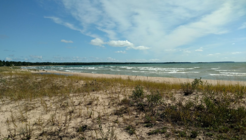 A sandy beach with sparse grass, gentle waves, and a clear blue sky with scattered clouds in the background.
