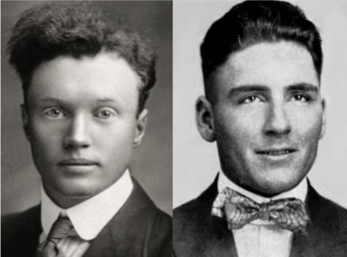Two black-and-white portraits of young men in formal attire, one with wavy hair and the other with a bow tie.