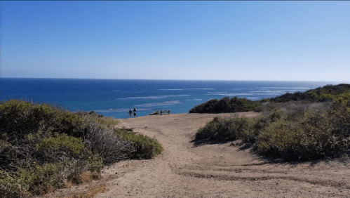 A sandy path leads to a scenic view of the ocean, with two people walking in the distance under a clear blue sky.