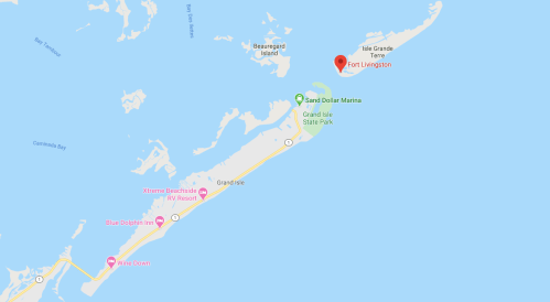 Map showing Fort Livingston on Grand Isle, Louisiana, with nearby locations like Blue Dolphin Inn and Xtreme Beachside RV Resort.