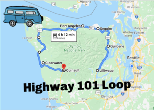 Map showing the Highway 101 Loop around Olympic National Park, with a blue route and a blue van illustration.