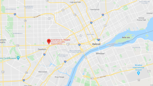Map showing the locations of Dearborn and Detroit, with a marker for the Ford Drive-In Theatre.