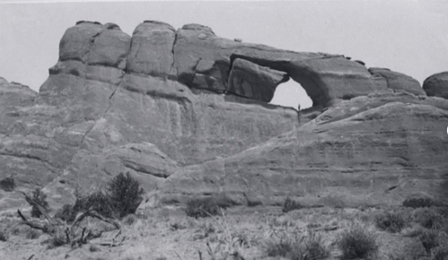 A large rock formation with a natural arch, surrounded by sparse vegetation and a desert landscape.