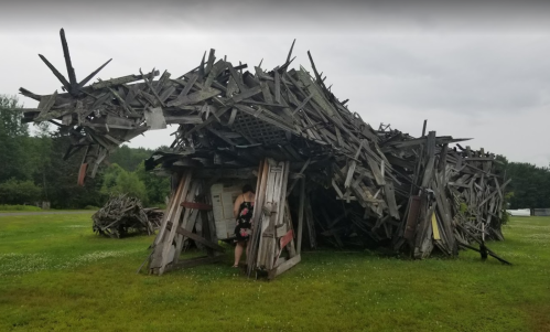 A large, abstract wooden structure resembling an animal, with a person entering from the front, set in a grassy area.