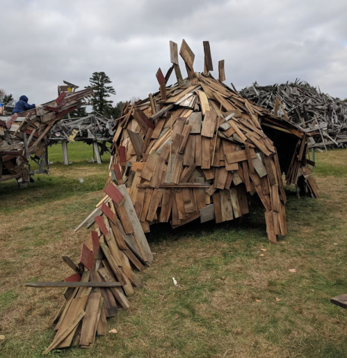 A large, whimsical structure made of wooden planks, resembling a creature, set in a grassy area with cloudy skies.
