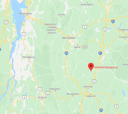 Map showing the location of Vermontasaurus in Vermont, near Montpelier and surrounding towns.