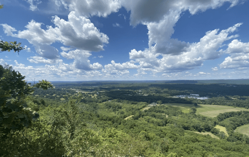 A panoramic view of lush green hills and fields under a bright blue sky filled with fluffy white clouds.