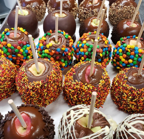 A variety of caramel apples coated in chocolate, sprinkles, and candies, displayed on a tray.