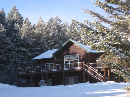 A cozy wooden cabin surrounded by snow-covered trees under a clear blue sky.