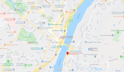 Map of Albany, New York, highlighting locations including restaurants, parks, and major roads.