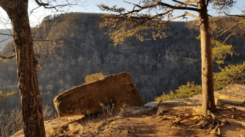 A rocky cliffside view with trees framing a distant waterfall in a serene, natural landscape.