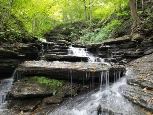 A serene waterfall cascading over rocky steps, surrounded by lush green foliage in a tranquil forest setting.
