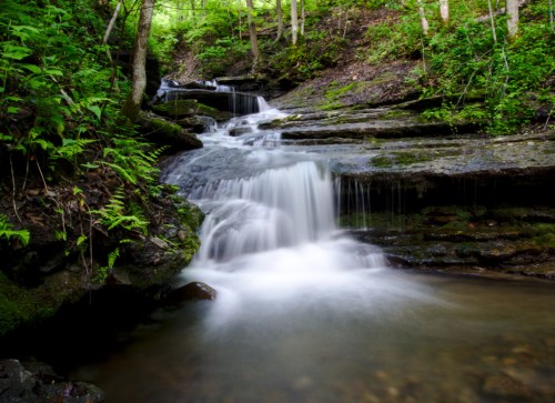 A serene waterfall cascades over rocks, surrounded by lush green foliage in a tranquil forest setting.
