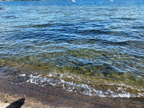 Clear blue water gently laps at a rocky shore under a bright sky.