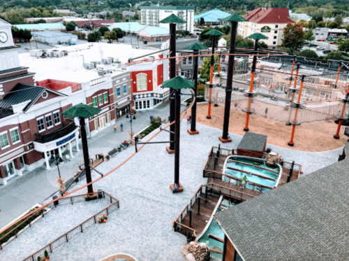 Aerial view of an amusement park with tall structures, zip lines, and surrounding buildings in a vibrant outdoor setting.