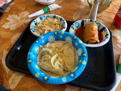 A tray with three bowls: one with dumplings topped with onions, one with coleslaw, and one with a rolled dish in sauce.