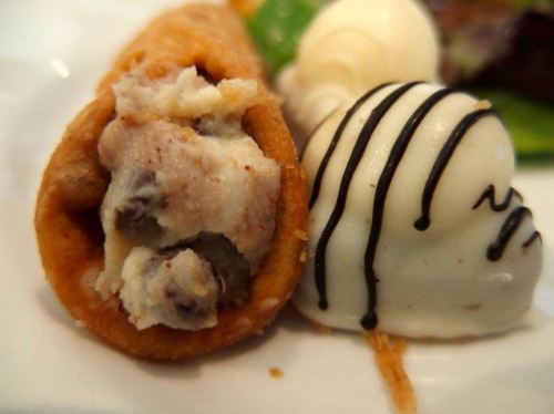 A close-up of a cannoli filled with ricotta and chocolate chips, alongside a scoop of vanilla ice cream drizzled with chocolate.