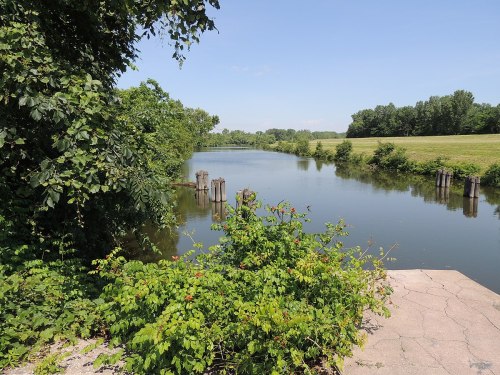 A serene river scene with lush greenery, reflecting blue skies and distant trees along the water's edge.