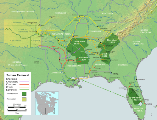 Map showing Indian Removal routes and territories for Cherokee, Chickasaw, Choctaw, Creek, and Seminole tribes in the southeastern U.S.