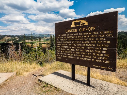 Sign about the Lander Cut-Off, detailing its history and significance near the Sweetwater River in Wyoming.
