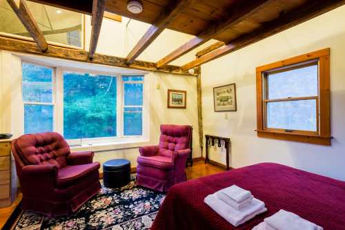 Cozy room with two armchairs, a bed, and large windows showcasing greenery outside. Rustic wooden beams overhead.