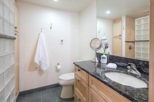 A modern bathroom featuring a toilet, sink with a mirror, and glass block shower, with light-colored walls and wooden accents.