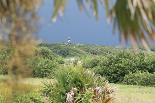 A lighthouse stands in the distance, surrounded by lush greenery and dark storm clouds above.