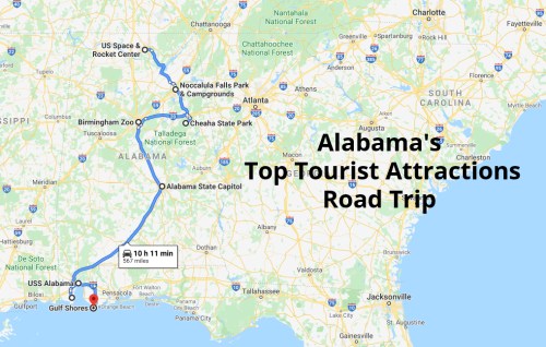 Map showing a road trip route through Alabama's top tourist attractions, from Gulf Shores to Cheaha State Park.