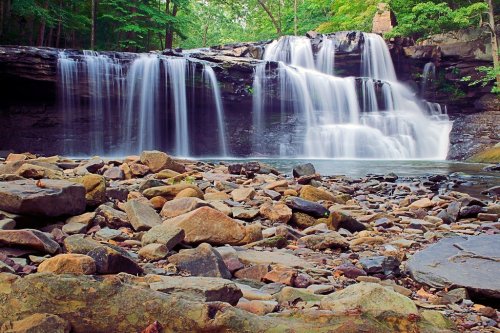 A serene waterfall cascades over rocks into a calm pool, surrounded by lush green trees and a tranquil forest setting.