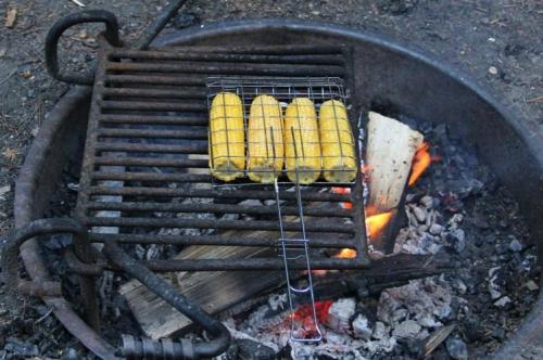 Grilled corn on the cob cooking over an open fire on a metal grate.